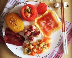 轻食早午餐-雨的旋律:烤红薯,烤西红柿,烤蔬菜丁,培根肉丸