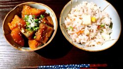 养生山药红米饭配日式煮南瓜